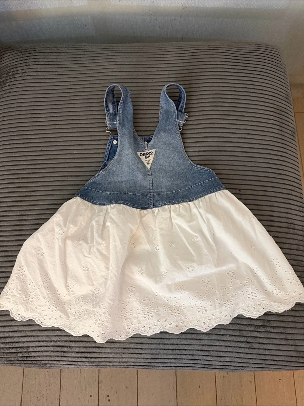 OshKosh B'gosh Denim Blue and White Eyelet Overall Dress